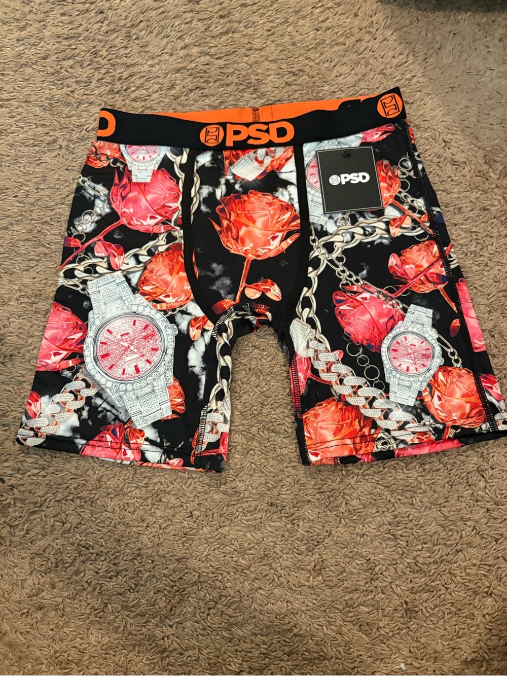 PSD Men’s Black Swim Hybrids with Orange Rose & Silver Watch Print